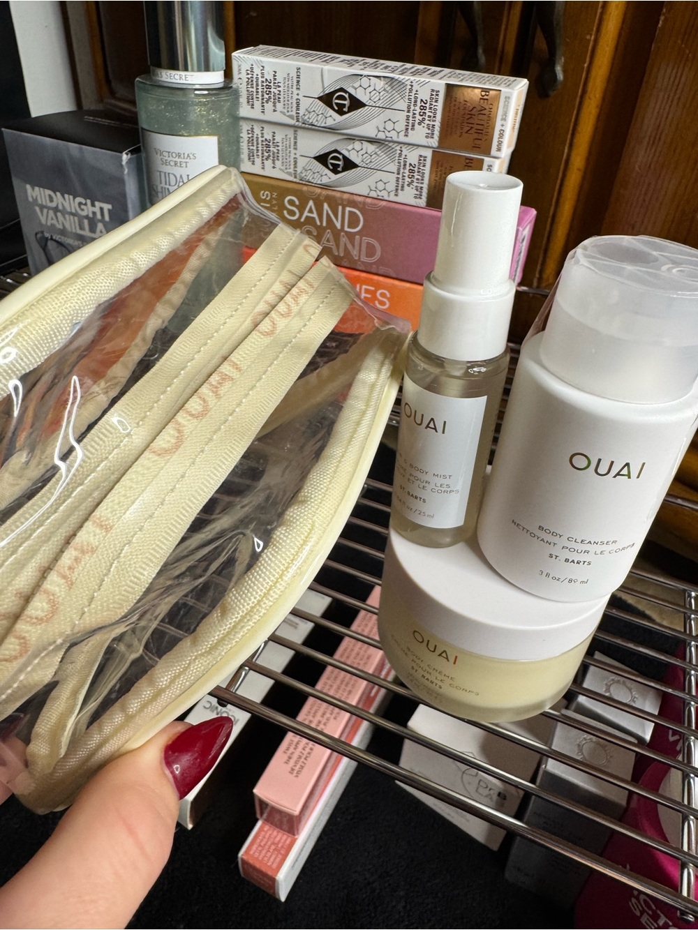 OUAI White Travel set with Clear Cosmetic Pouch